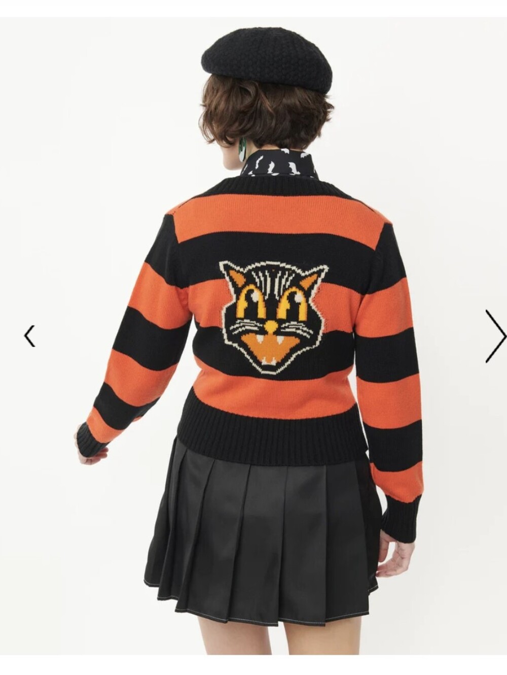 Unique Vintage Smak Parlour 1950s Orange & Black Striped Scaredy Cat Cardigan